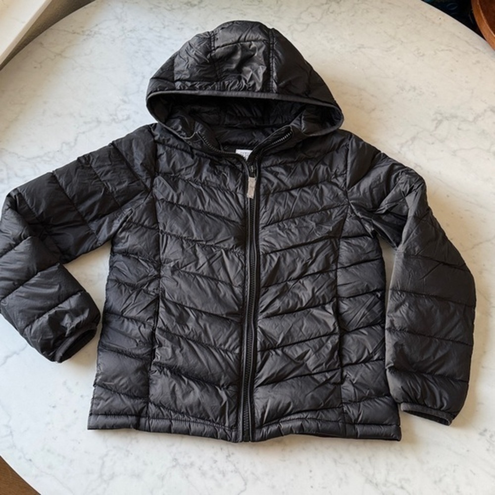 Girls Black Puffer Jacket Large Hooded Lightweight Winter Coat